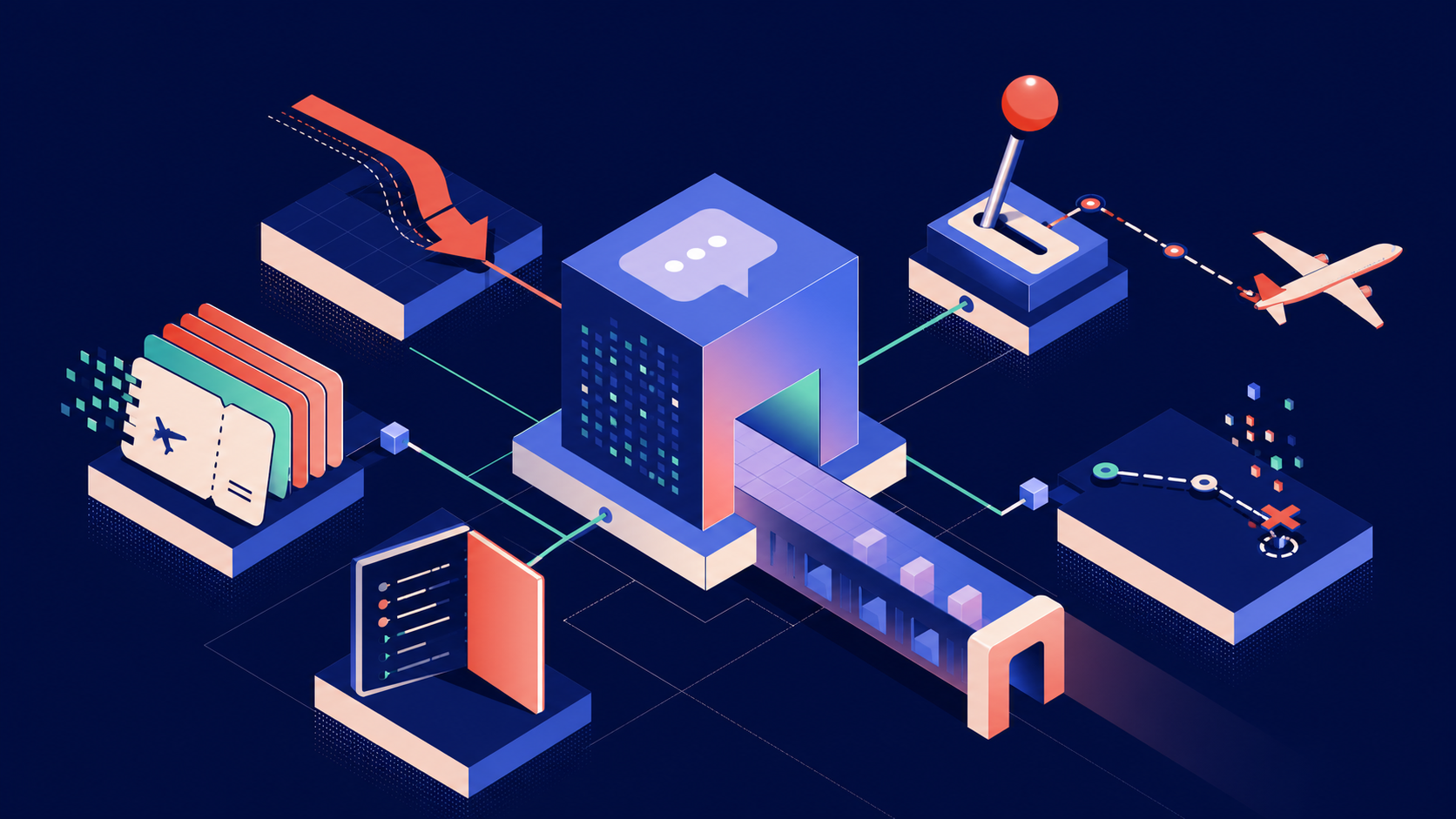 Abstract cybersecurity illustration of an LLM application connected to business systems beyond a chatbot interface